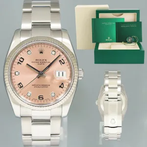 2009 MINT Rolex Date 34mm Pink Diamond 115234 Steel Oyster Band Watch Box