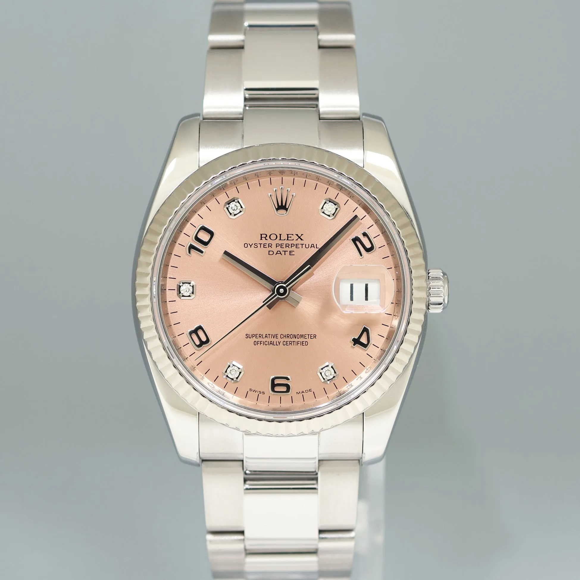 2009 MINT Rolex Date 34mm Pink Diamond 115234 Steel Oyster Band Watch Box