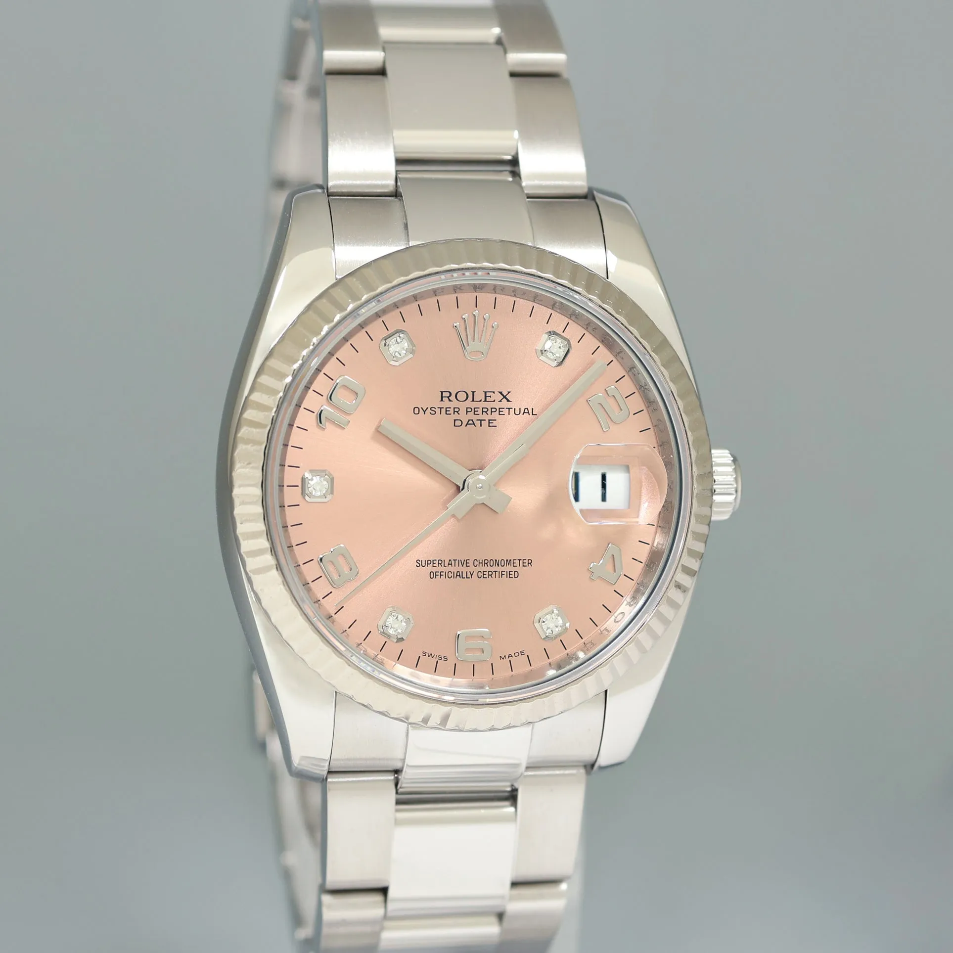 2009 MINT Rolex Date 34mm Pink Diamond 115234 Steel Oyster Band Watch Box