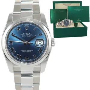 2014 Rolex DateJust 36 116200 Blue Roman Oyster Steel 36mm Watch Box