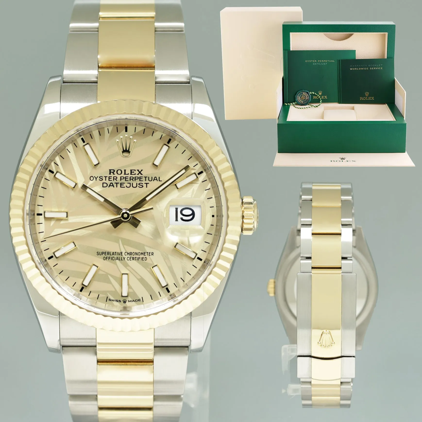 2023 Rolex DateJust 36mm Champagne Palm Motif Two Tone Gold Oyster 126233 Watch