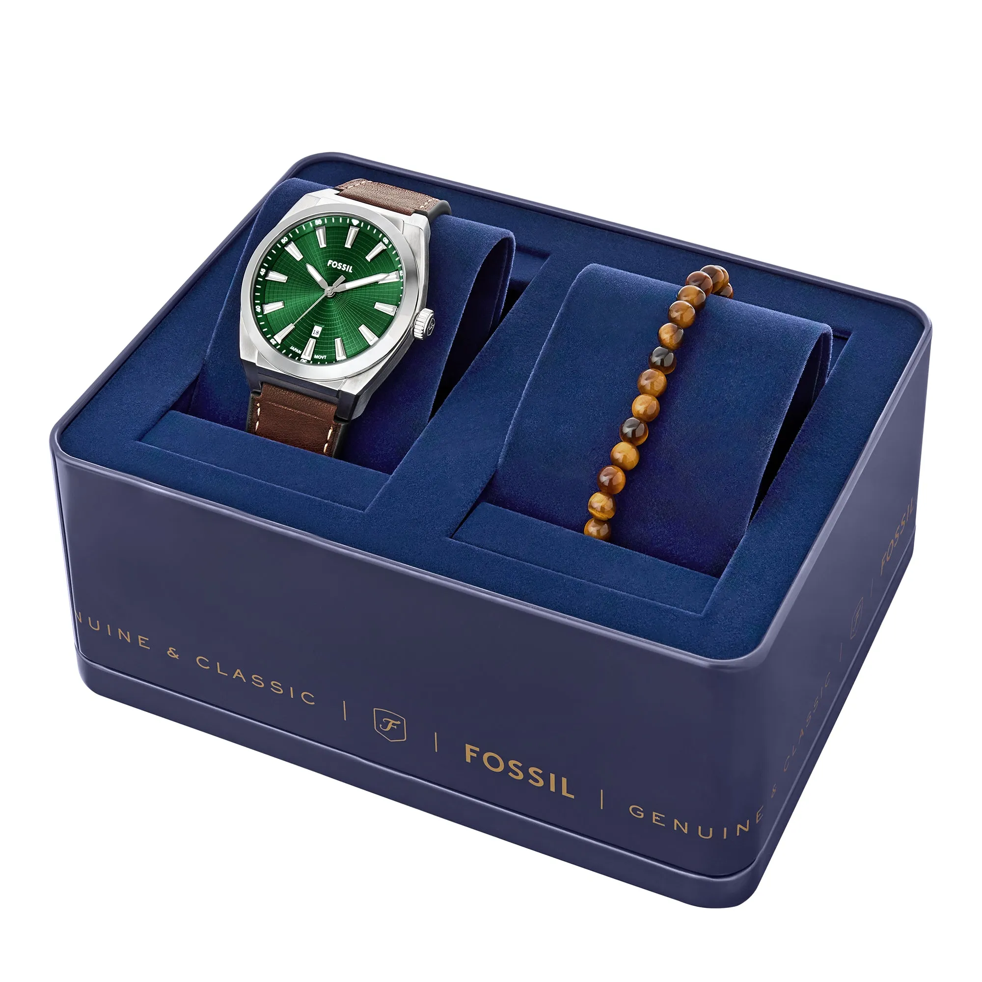 Everett Three-Hand Date Brown Leather Watch and Bracelet Set