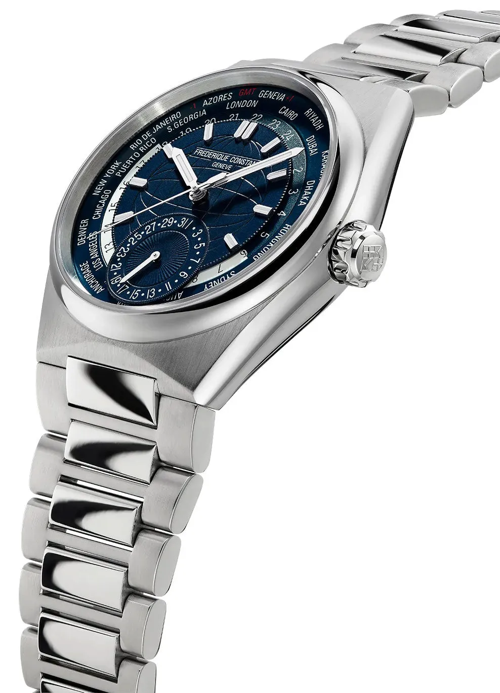 Frederique Constant Highlife Worldtimer Manufacture Automatic GMT Stainless Steel Blue Dial Interchangeable Rubber Strap Date Mens Watch FC-718N4NH6B