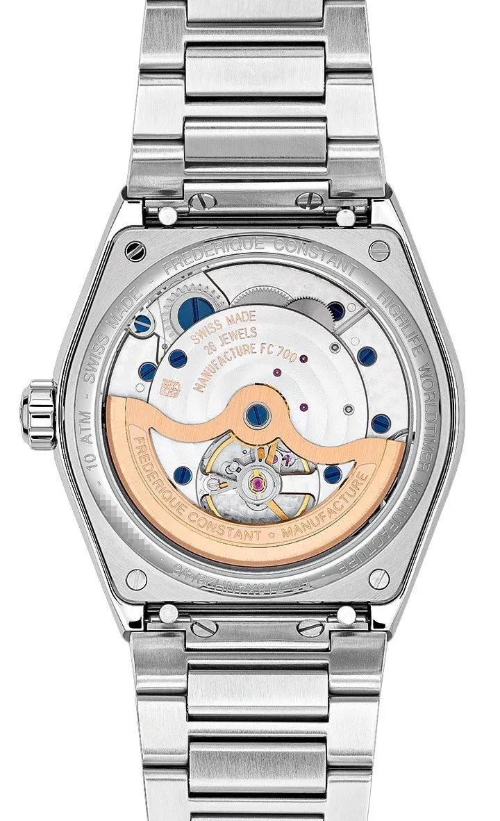 Frederique Constant Highlife Worldtimer Manufacture Automatic GMT Stainless Steel Blue Dial Interchangeable Rubber Strap Date Mens Watch FC-718N4NH6B