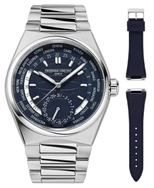 Frederique Constant Highlife Worldtimer Manufacture Automatic GMT Stainless Steel Blue Dial Interchangeable Rubber Strap Date Mens Watch FC-718N4NH6B