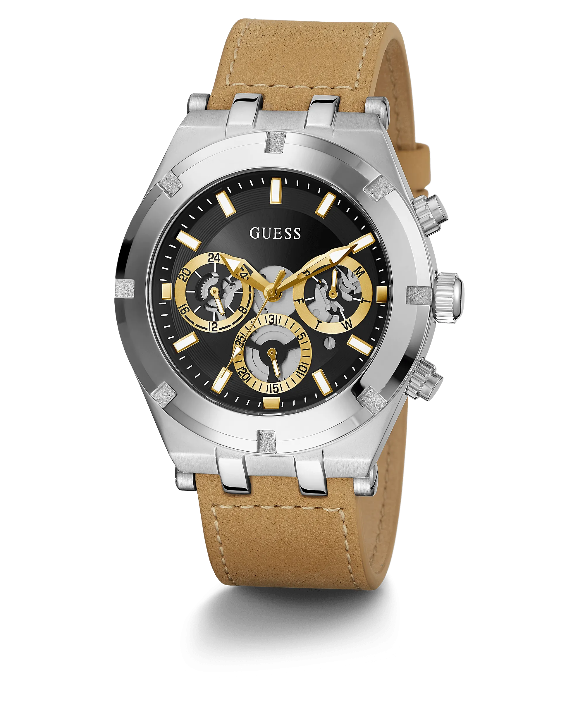 Guess Silver Tone Case Beige Leather Strap Men's Watch GW0262G1