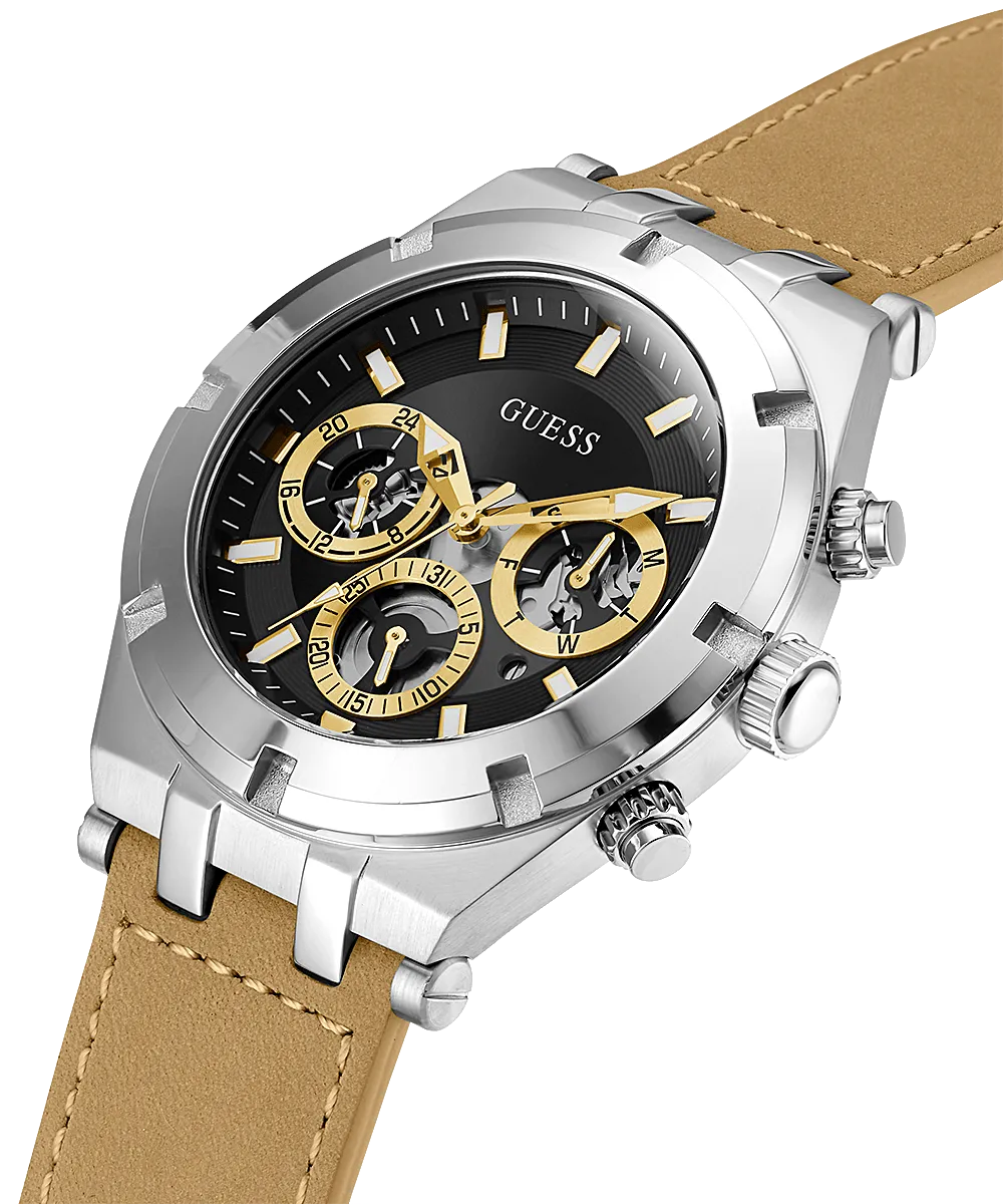 Guess Silver Tone Case Beige Leather Strap Men's Watch GW0262G1