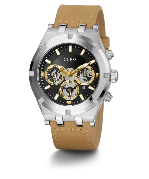 Guess Silver Tone Case Beige Leather Strap Men's Watch GW0262G1
