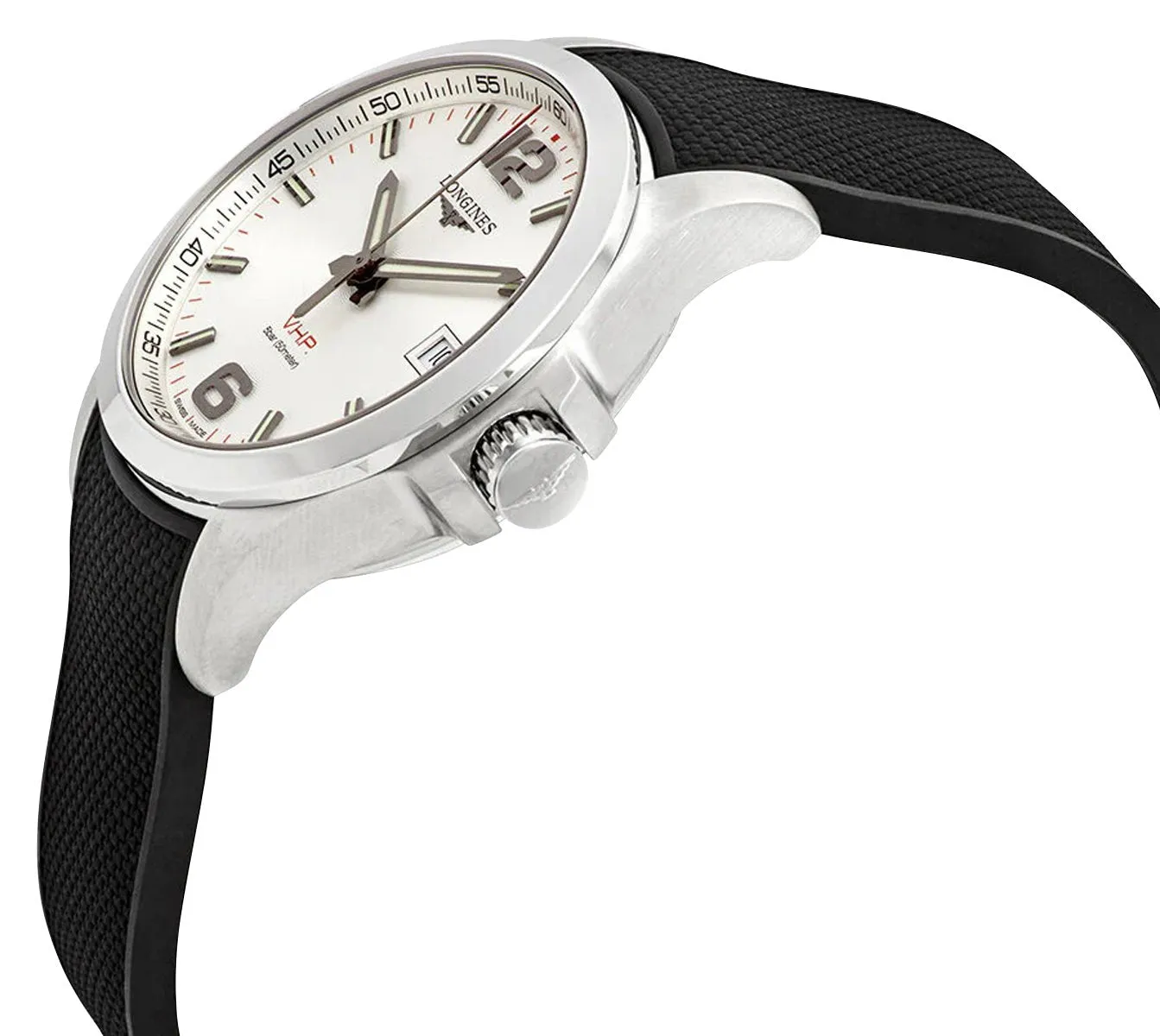 Longines Conquest V.H.P. Stainless Steel Silver Dial Black Rubber Strap Perpetual Calendar Date Quartz Mens Watch L3.716.4.76.9