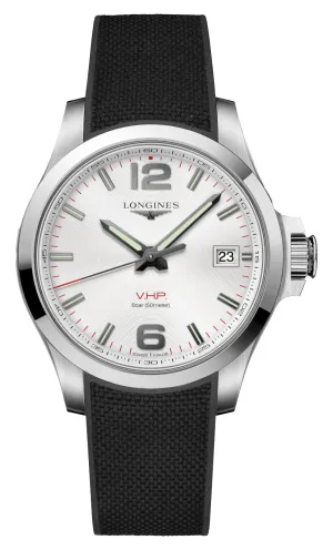 Longines Conquest V.H.P. Stainless Steel Silver Dial Black Rubber Strap Perpetual Calendar Date Quartz Mens Watch L3.716.4.76.9