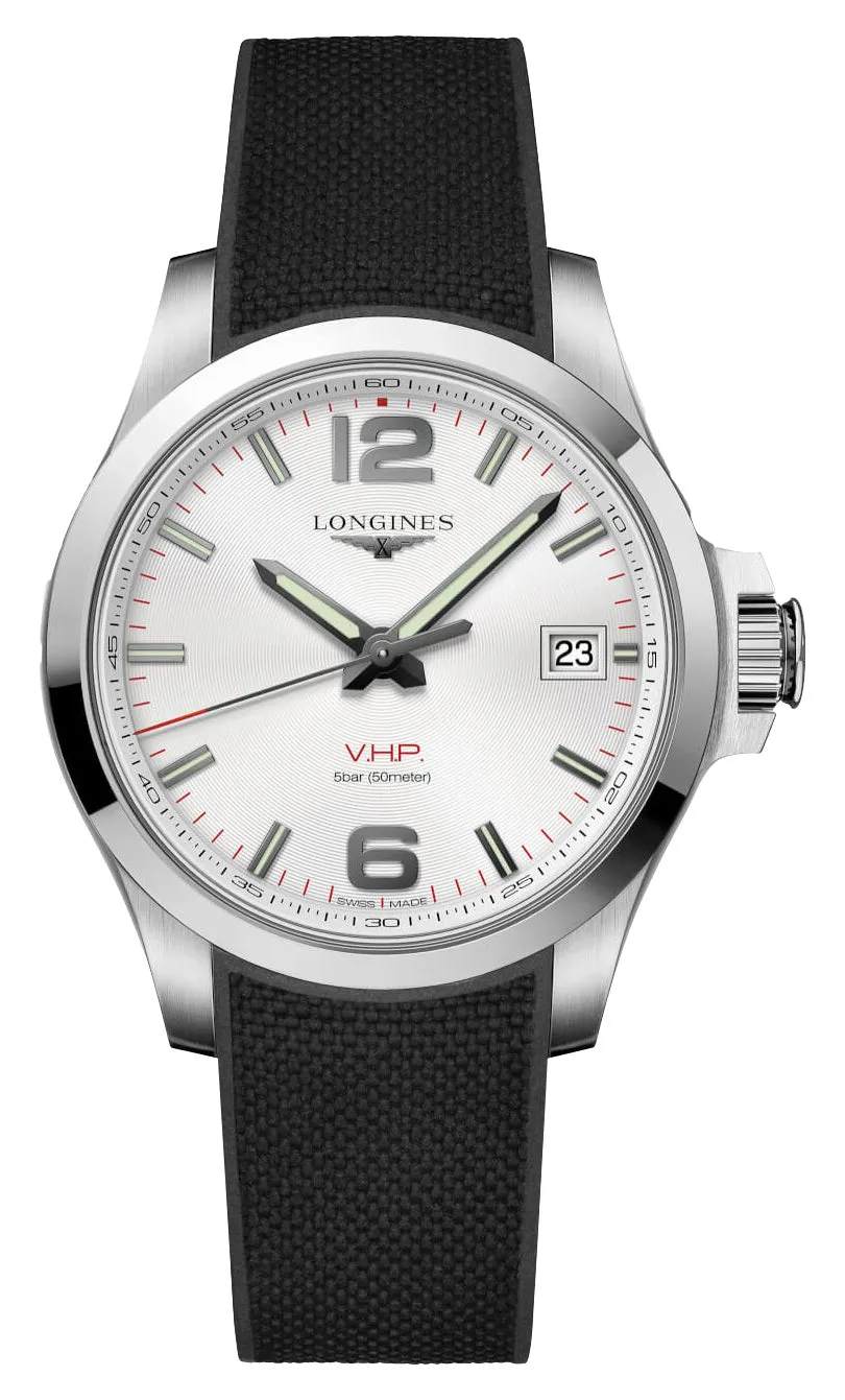 Longines Conquest V.H.P. Stainless Steel Silver Dial Black Rubber Strap Perpetual Calendar Date Quartz Mens Watch L3.716.4.76.9