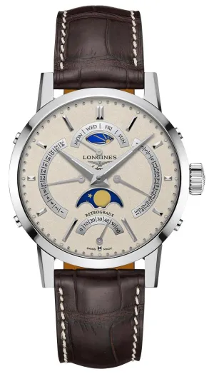 Longines Heritage Classic 1832 Automatic Stainless Steel Beige Dial Brown Leather Strap Retrograde Day/Date GMT Moonphase Mens Watch L4.828.4.92.2