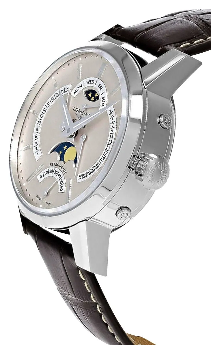 Longines Heritage Classic 1832 Automatic Stainless Steel Beige Dial Brown Leather Strap Retrograde Day/Date GMT Moonphase Mens Watch L4.828.4.92.2