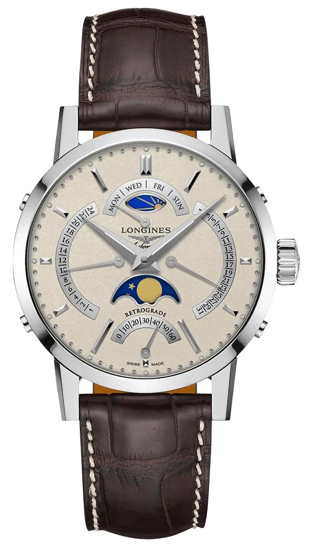Longines Heritage Classic 1832 Automatic Stainless Steel Beige Dial Brown Leather Strap Retrograde Day/Date GMT Moonphase Mens Watch L4.828.4.92.2