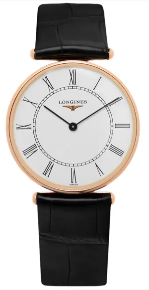 Longines La Grande Classique Agassiz 18K Rose Gold White Dial Black Leather Strap Quartz Unisex Watch L4.691.8.11.0