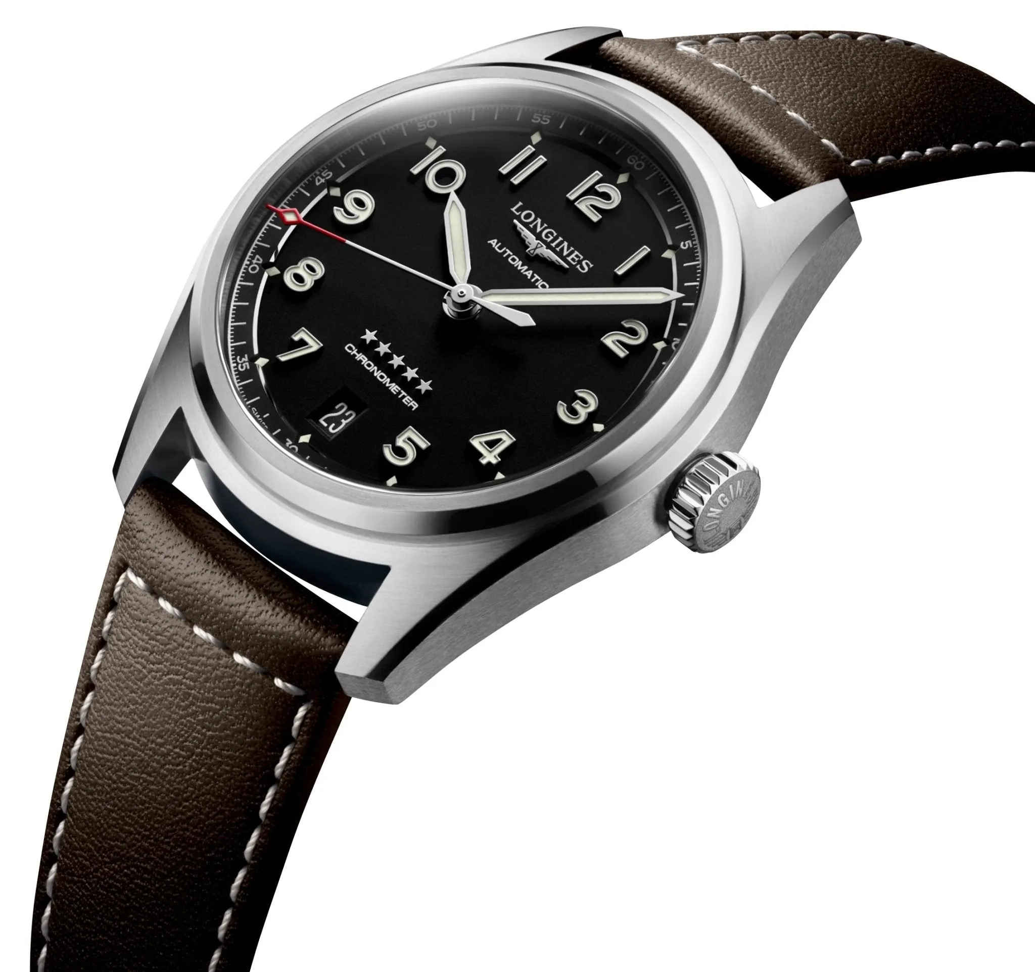 Longines Spirit Automatic COSC Stainless Steel Black Dial Brown Leather Strap Date Unisex Watch L3.410.4.53.0