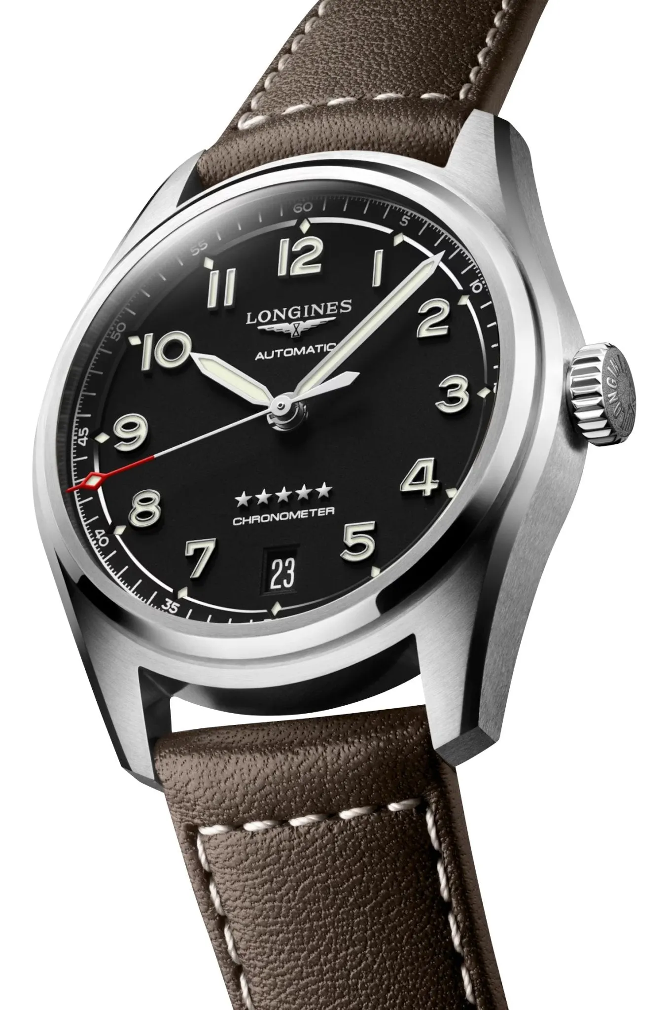 Longines Spirit Automatic COSC Stainless Steel Black Dial Brown Leather Strap Date Unisex Watch L3.410.4.53.0