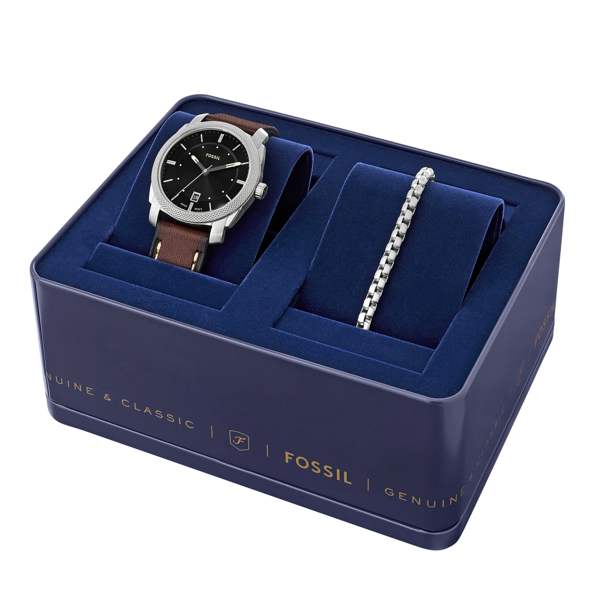 Machine Three-Hand Date Brown Leather Watch and Bracelet Set