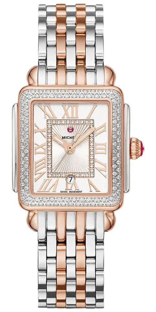 Michele Deco Madison Mid Two-Tone Rose Gold Steel Diamonds Silver Dial Rectangle Womens Watch MWW06G000015