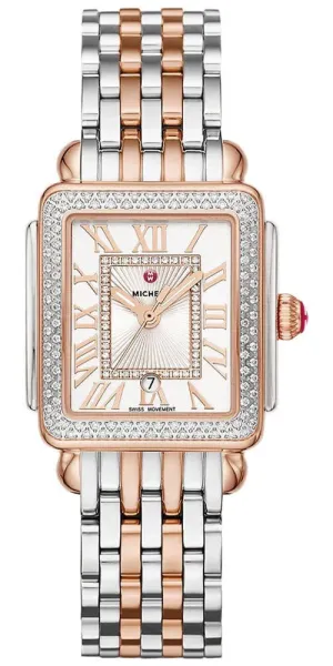 Michele Deco Madison Mid Two-Tone Rose Gold Steel Diamonds Silver Dial Rectangle Womens Watch MWW06G000015