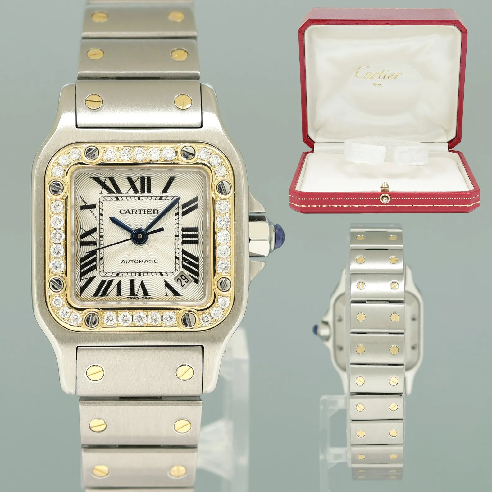 MINT Cartier Santos Galbee 2423 Steel Two Tone Diamond White Automatic 24mm Watch