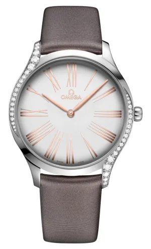 Omega De Ville Trésor Stainless Steel Silver Dial Gray Fabric Strap Diamonds Quartz Womens Watch 428.17.39.60.02.001