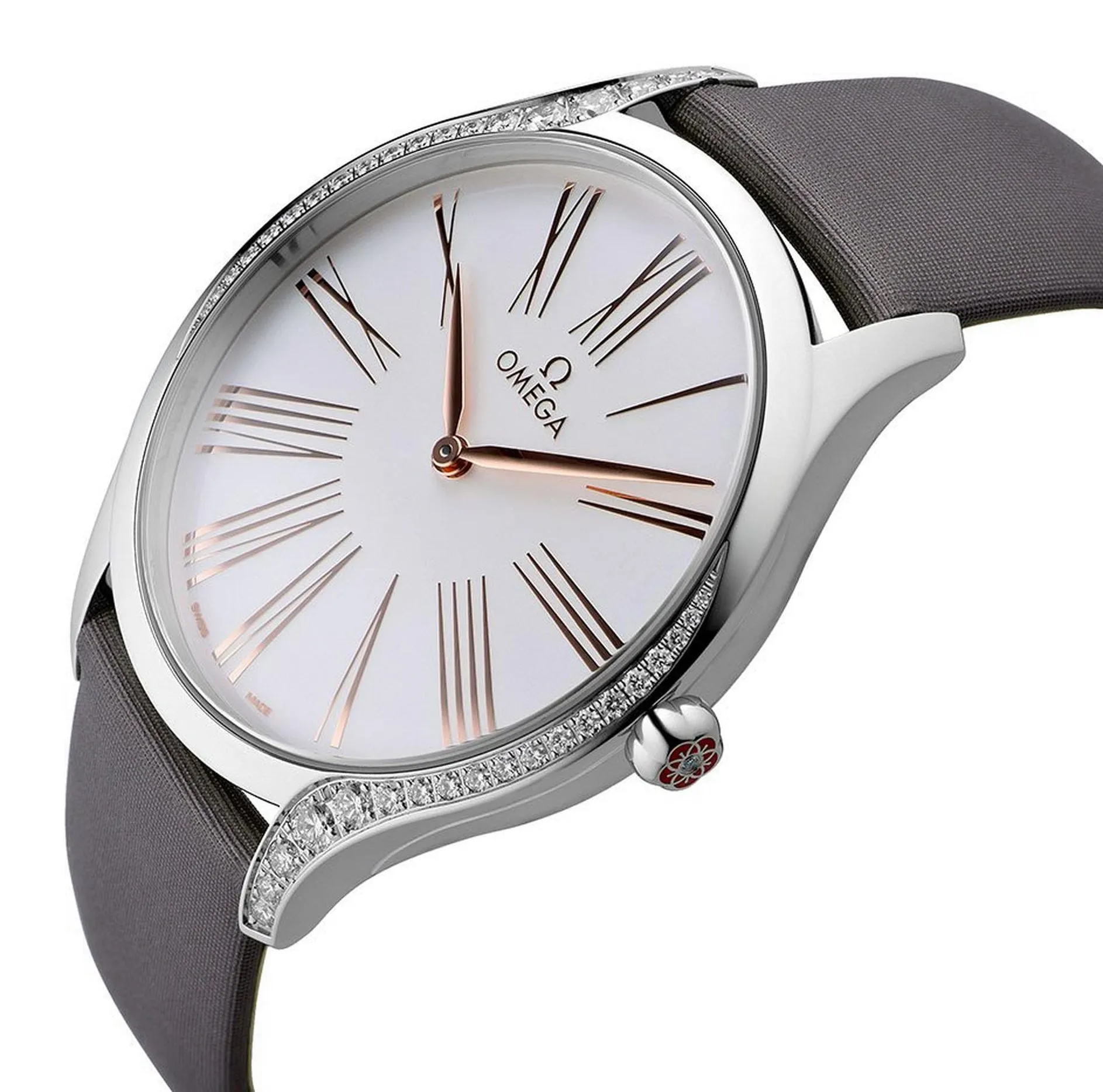 Omega De Ville Trésor Stainless Steel Silver Dial Gray Fabric Strap Diamonds Quartz Womens Watch 428.17.39.60.02.001