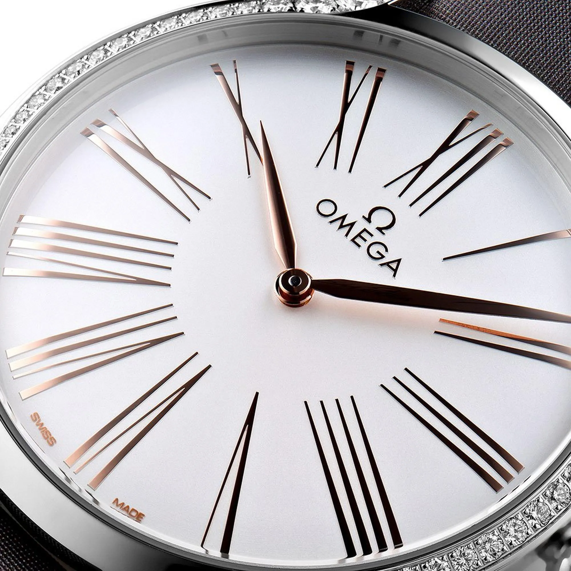 Omega De Ville Trésor Stainless Steel Silver Dial Gray Fabric Strap Diamonds Quartz Womens Watch 428.17.39.60.02.001