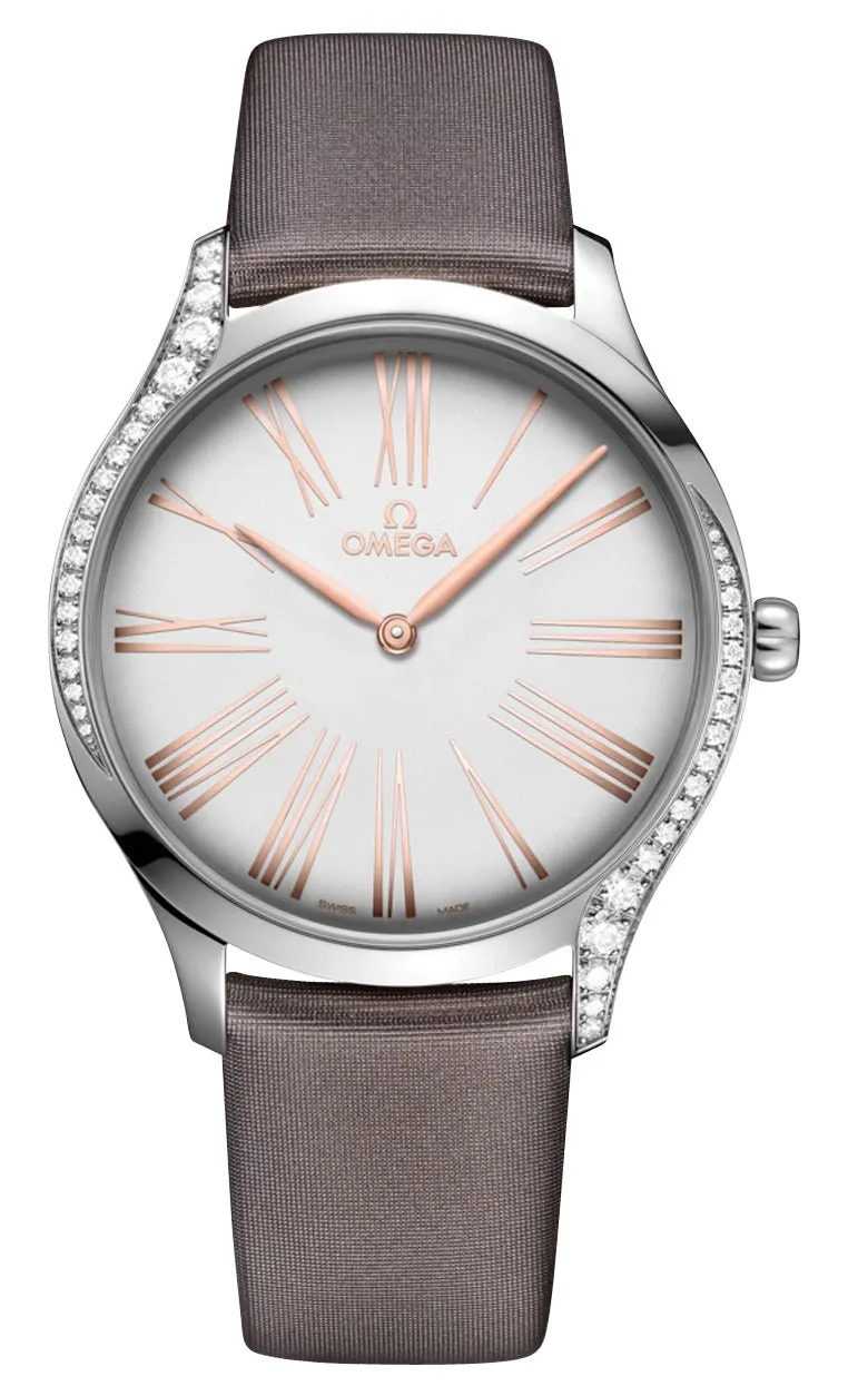 Omega De Ville Trésor Stainless Steel Silver Dial Gray Fabric Strap Diamonds Quartz Womens Watch 428.17.39.60.02.001