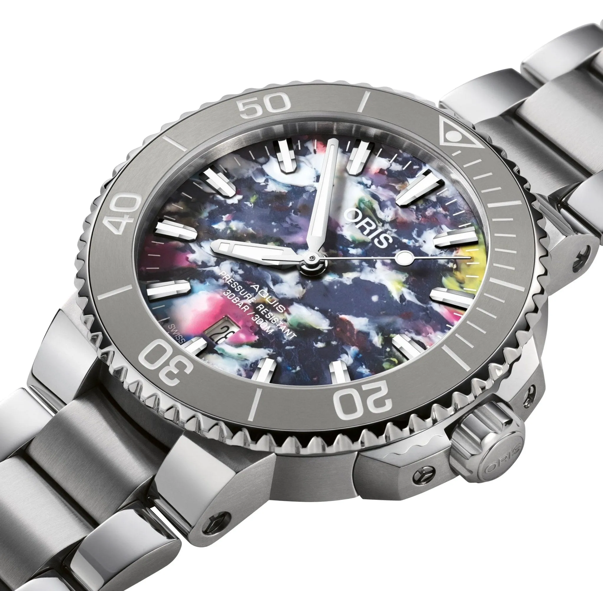 Oris Aquis Date Upcycle Automatic Stainless Steel Multicolored Dial Divers Mens Watch 733 7766 4150-Set