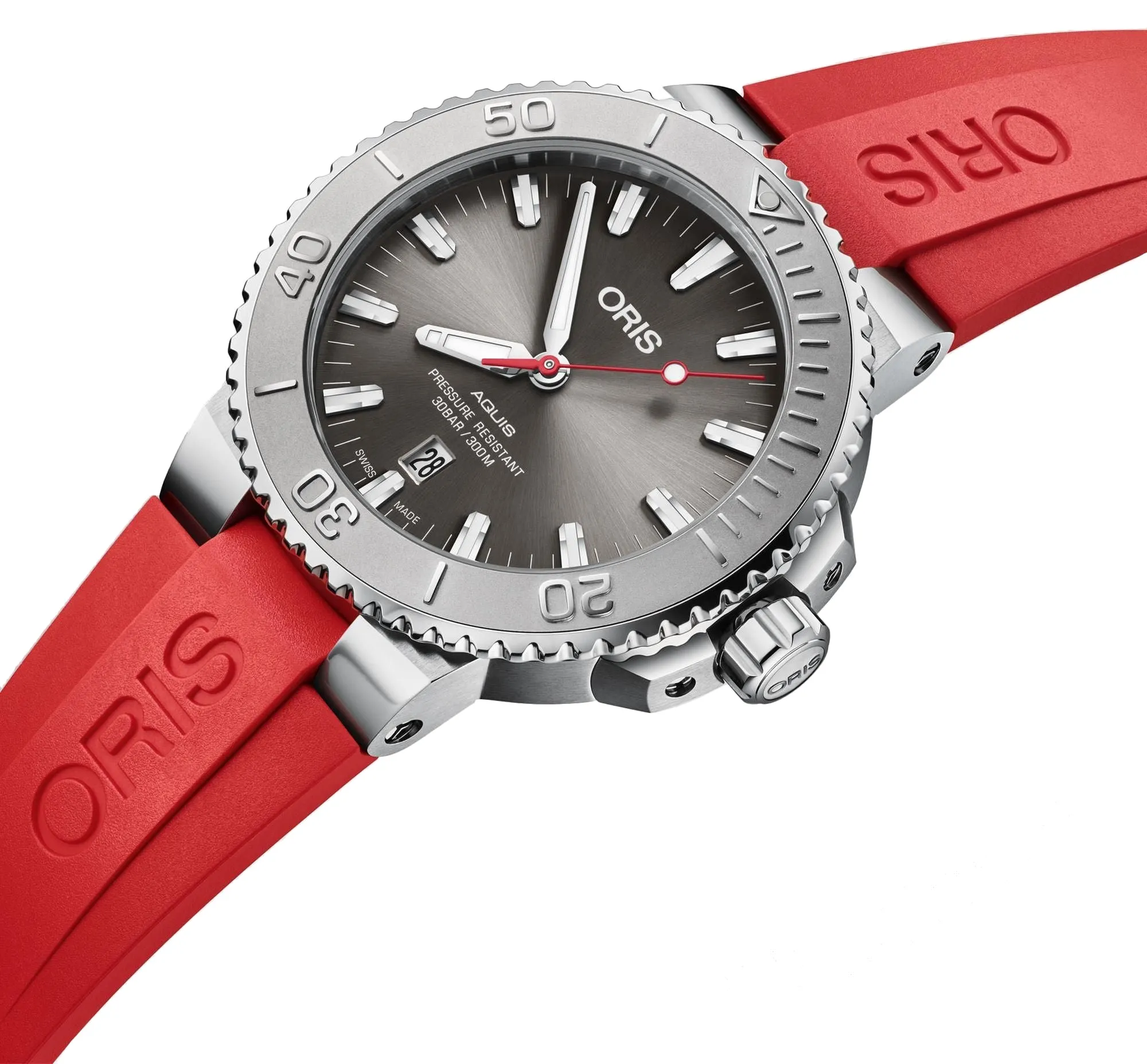 Oris Aquis Relief Automatic Stainless Steel Gray Dial Red Rubber Strap Date Divers Mens Watch 733 7730 4153-07 4 24 66EB