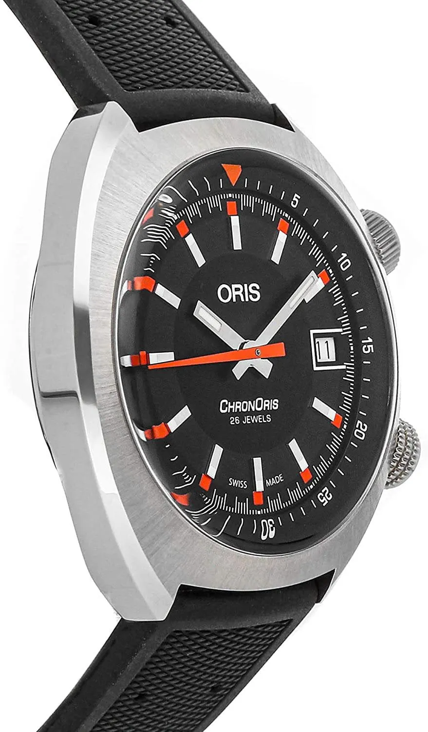 Oris Chronoris Automatic Stainless Steel Black Rubber Strap Black Dial Date Mens Watch 733 7737 4054-RS