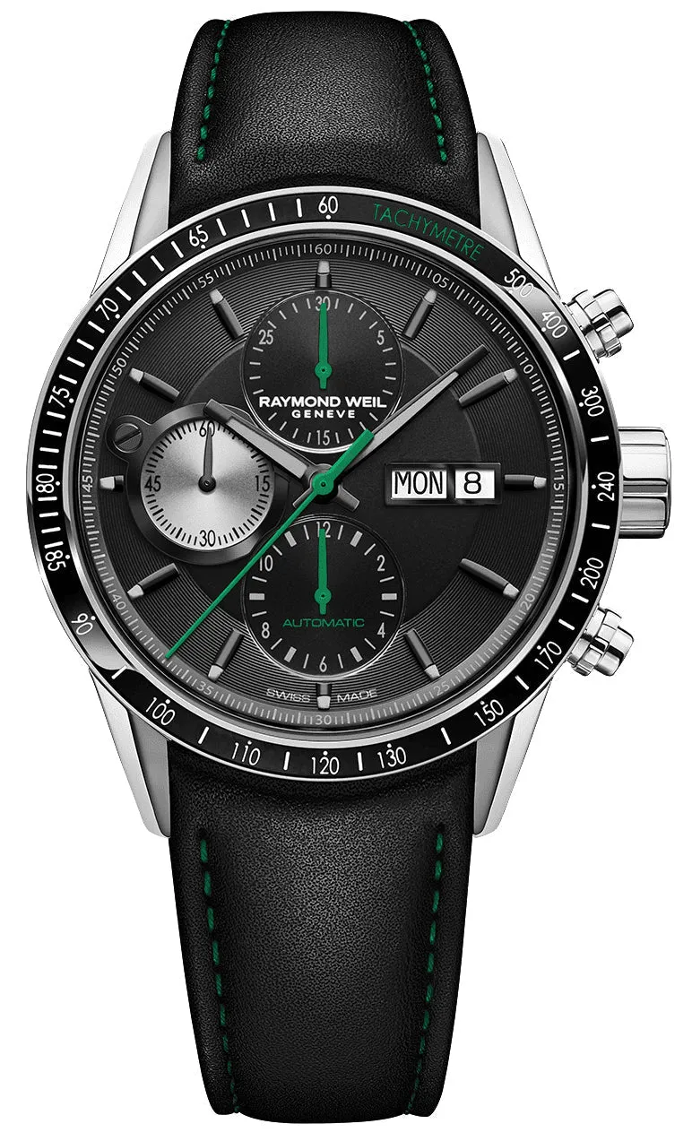 Raymond Weil Freelancer Automatic Chronograph Steel Black Dial Black Leather Day/Date Mens Watch 7731-SC1-20321