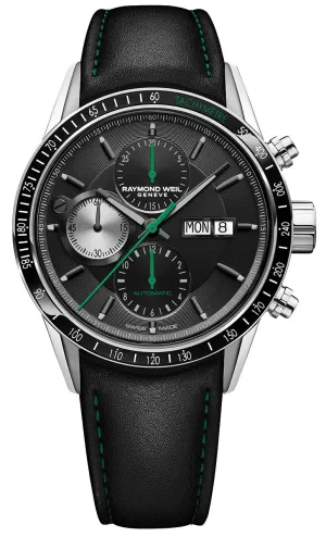 Raymond Weil Freelancer Automatic Chronograph Steel Black Dial Black Leather Day/Date Mens Watch 7731-SC1-20321