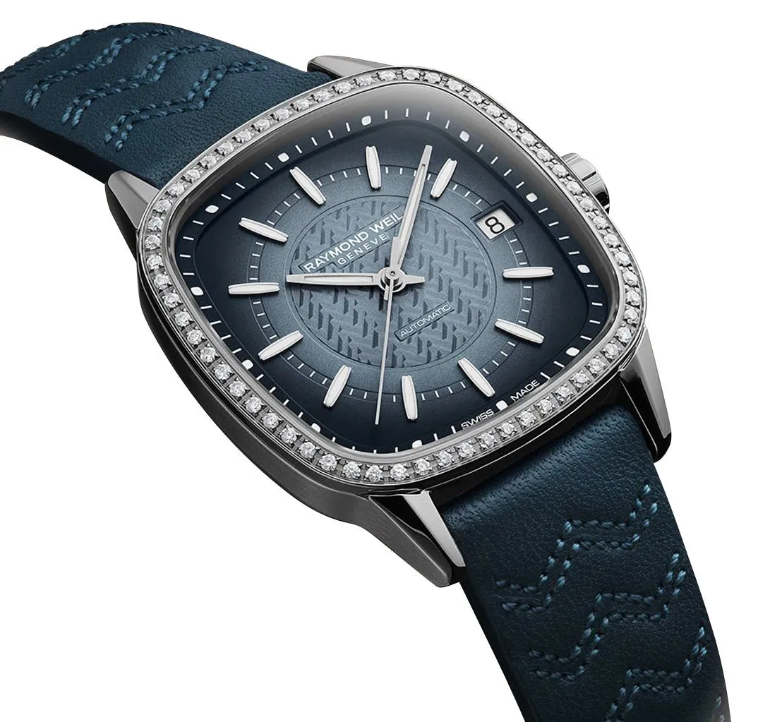 Raymond Weil Freelancer Automatic Stainless Steel Blue Dial Blue Leather Strap Date Diamonds Womens Watch 2490-SCS-50051