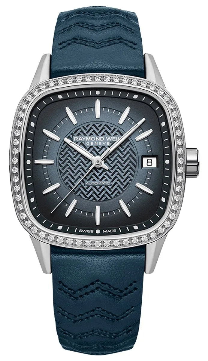 Raymond Weil Freelancer Automatic Stainless Steel Blue Dial Blue Leather Strap Date Diamonds Womens Watch 2490-SCS-50051