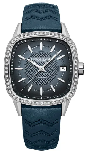 Raymond Weil Freelancer Automatic Stainless Steel Blue Dial Blue Leather Strap Date Diamonds Womens Watch 2490-SCS-50051