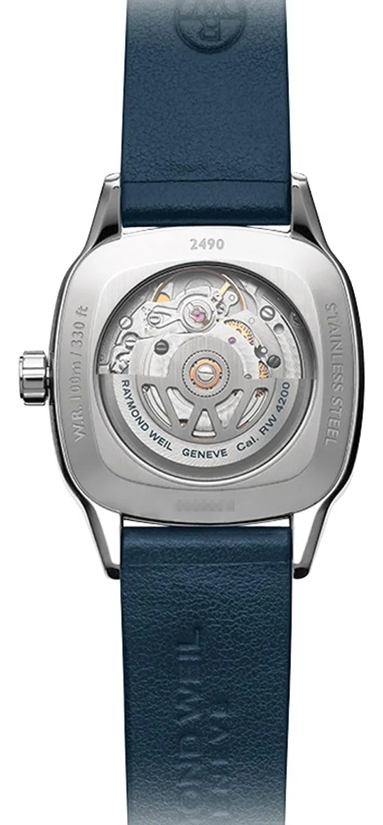 Raymond Weil Freelancer Automatic Stainless Steel Blue Dial Blue Leather Strap Date Diamonds Womens Watch 2490-SCS-50051