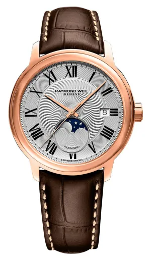 Raymond Weil Maestro Automatic Rose Gold PVD Silver Dial Brown Leather Strap Moonphase Date Mens Watch 2239-PC5-00659