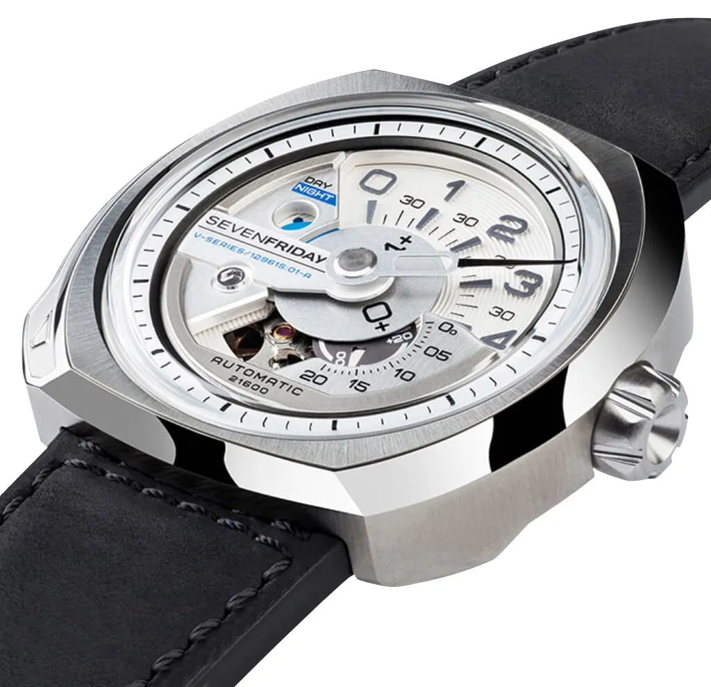 SEVENFRIDAY V-Series Automatic Stainless Steel Silver Dial Black Leather Strap Mens Watch V1/01