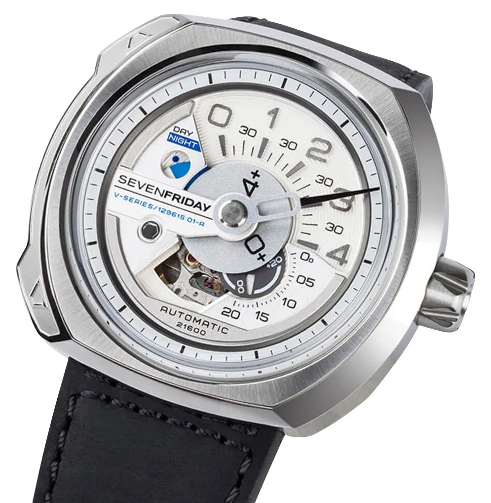 SEVENFRIDAY V-Series Automatic Stainless Steel Silver Dial Black Leather Strap Mens Watch V1/01