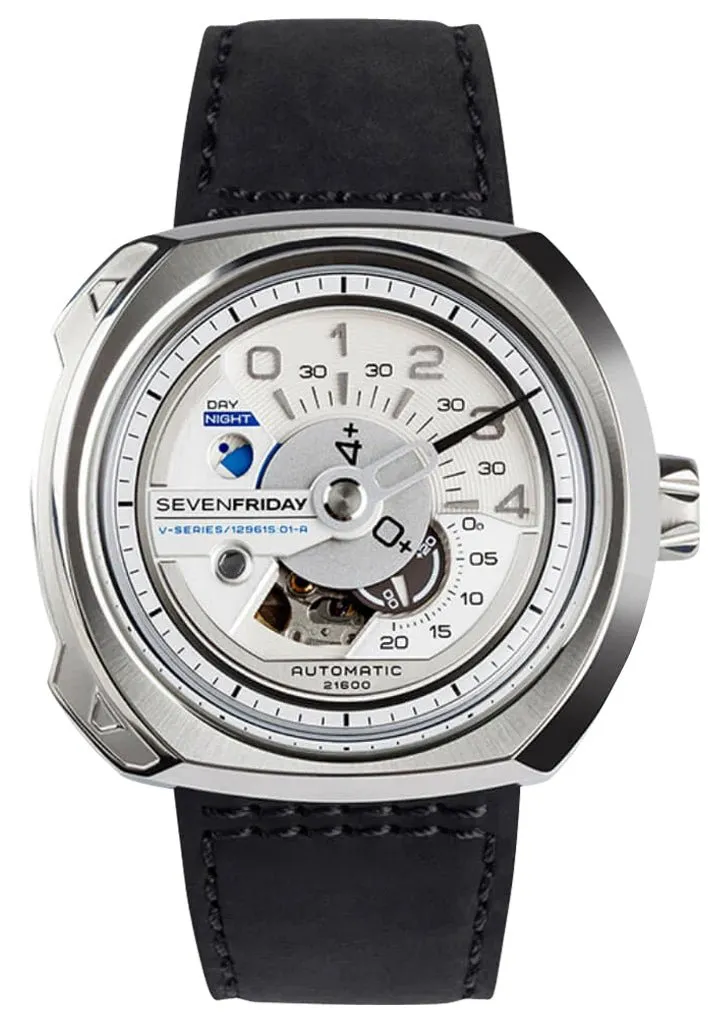 SEVENFRIDAY V-Series Automatic Stainless Steel Silver Dial Black Leather Strap Mens Watch V1/01