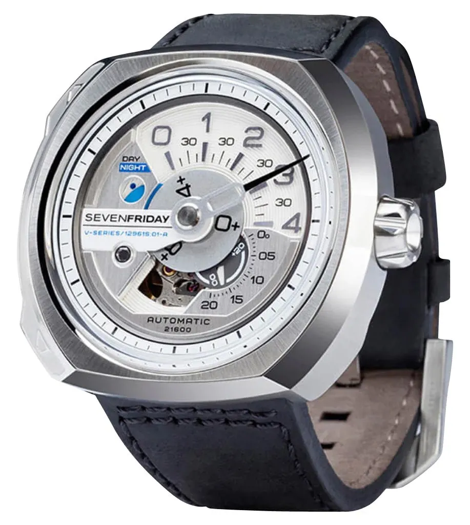 SEVENFRIDAY V-Series Automatic Stainless Steel Silver Dial Black Leather Strap Mens Watch V1/01