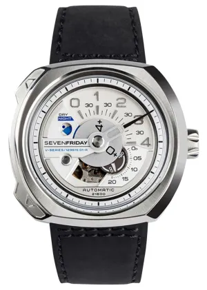 SEVENFRIDAY V-Series Automatic Stainless Steel Silver Dial Black Leather Strap Mens Watch V1/01