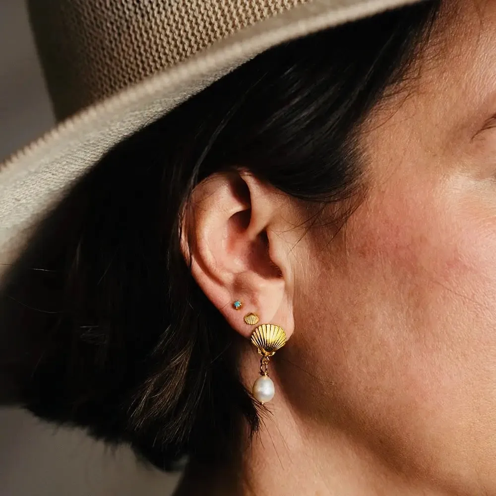 Shell and Pearl Stud Drop Earrings