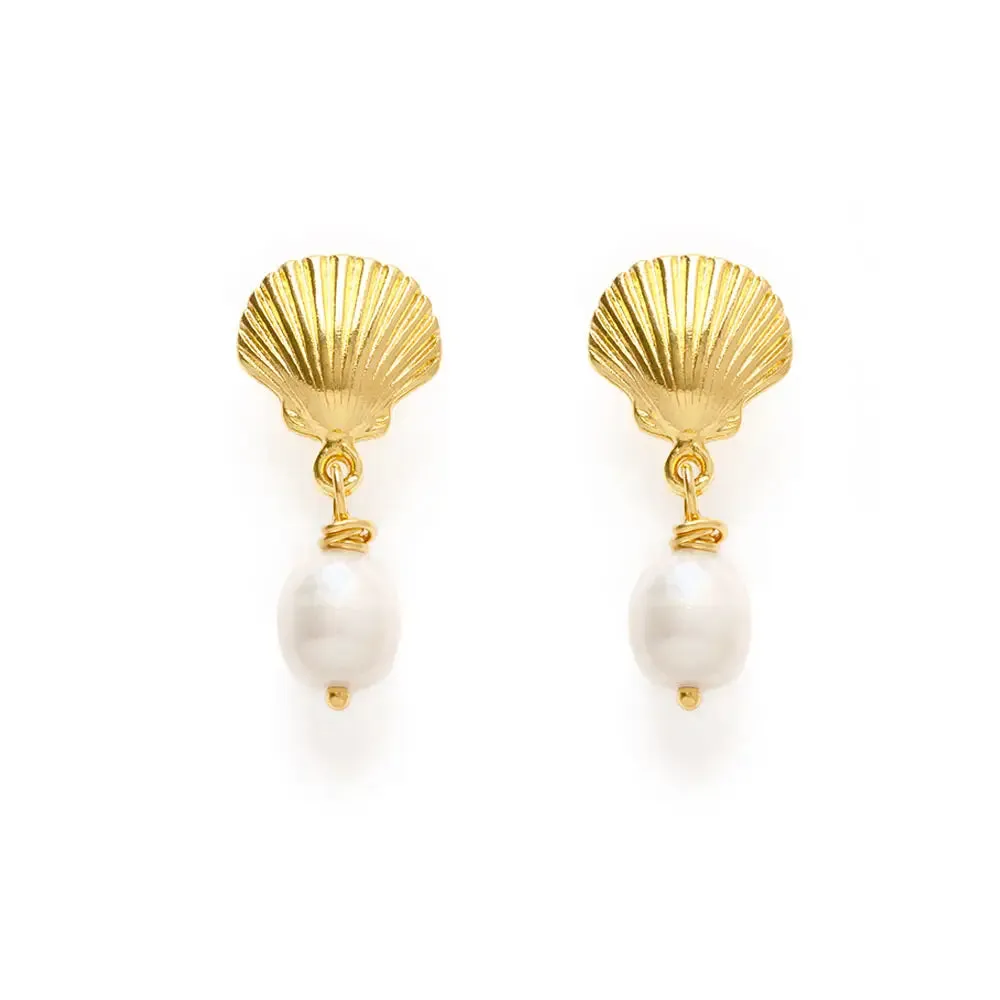 Shell and Pearl Stud Drop Earrings
